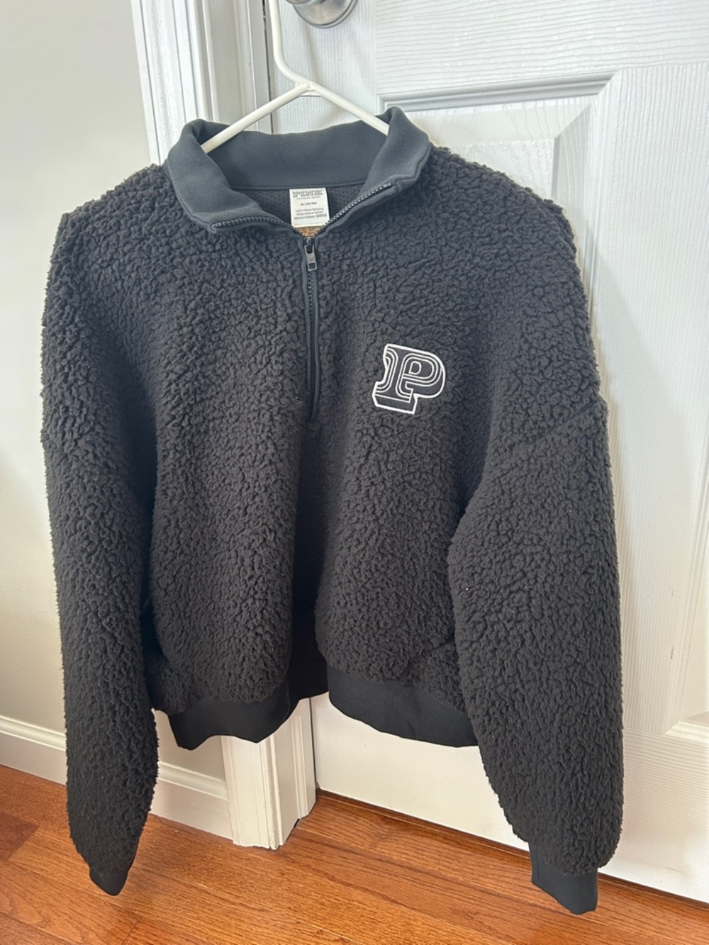 PINK Victoria's Secret Black Sherpa Half-Zip Pullover with White P Patch